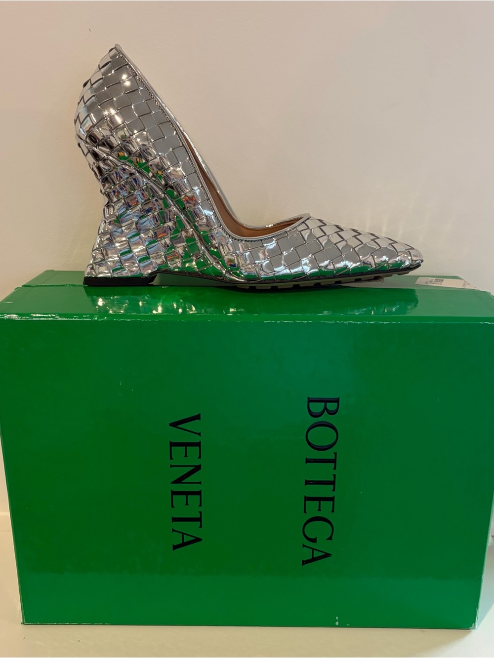Bottega Veneta Silver Woven Sculpted Wedge Pump